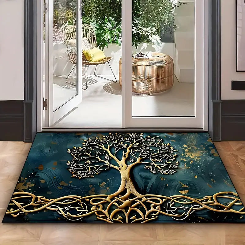 Tree of Life Entryway & Kitchen Mat – Gold Knotwork Design with Anti-Slip Rubber Backing