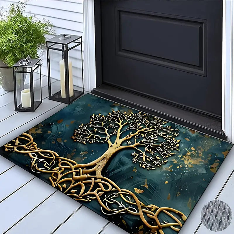 Tree of Life Entryway & Kitchen Mat – Gold Knotwork Design with Anti-Slip Rubber Backing