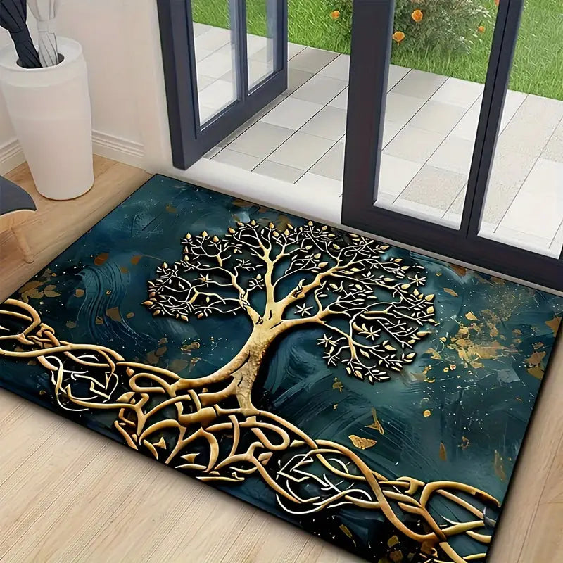 Tree of Life Entryway & Kitchen Mat – Gold Knotwork Design with Anti-Slip Rubber Backing