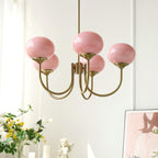 Modern Brass Chandelier with Pink Glass Globe Shades – Dimmable LED Ceiling Light