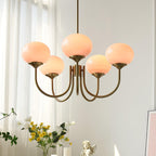 Modern Brass Chandelier with Pink Glass Globe Shades – Dimmable LED Ceiling Light