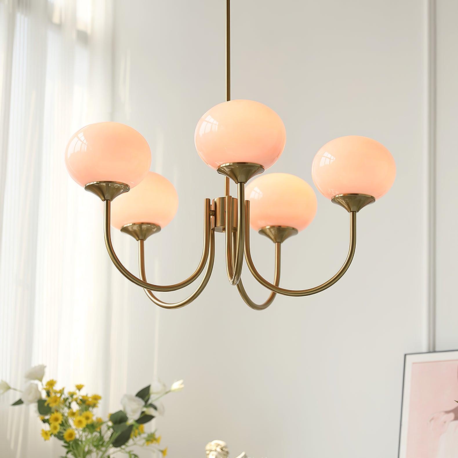 Modern Brass Chandelier with Pink Glass Globe Shades – Dimmable LED Ceiling Light