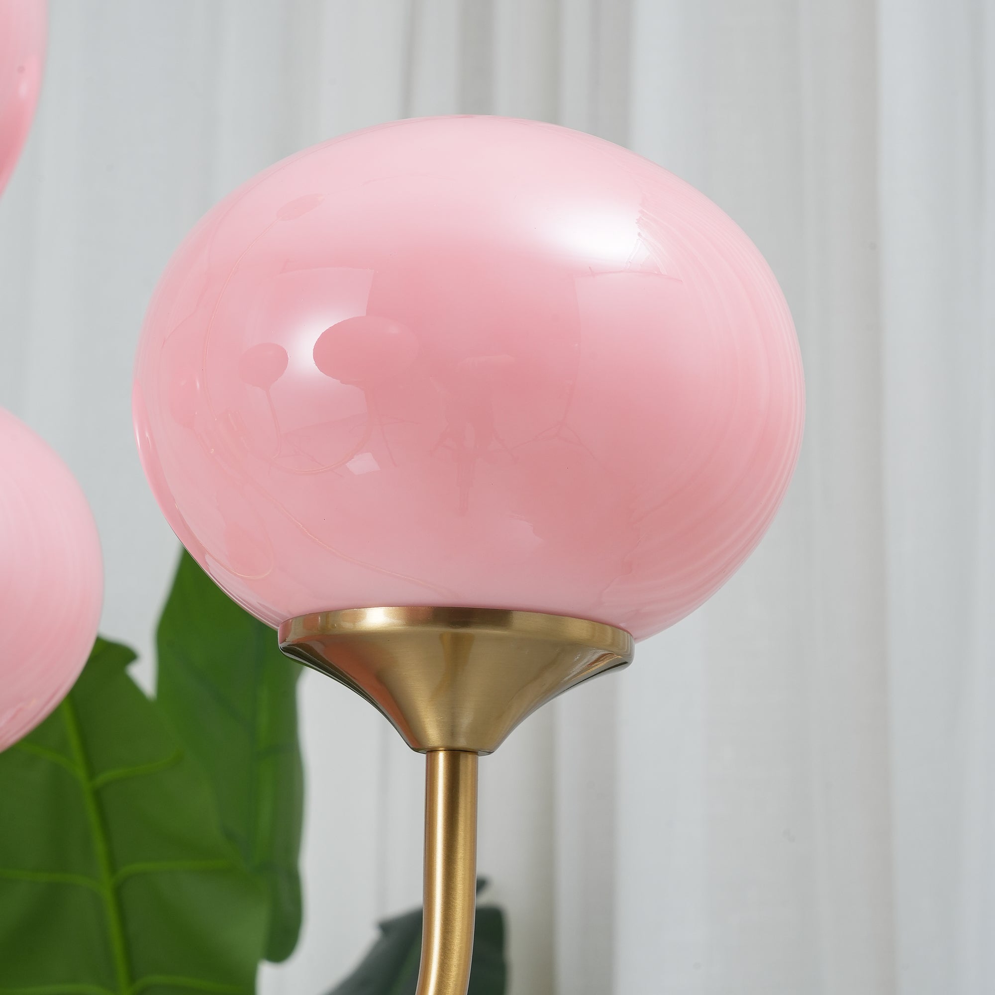 Modern Brass Chandelier with Pink Glass Globe Shades – Dimmable LED Ceiling Light