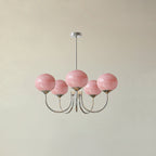 Modern Brass Chandelier with Pink Glass Globe Shades – Dimmable LED Ceiling Light