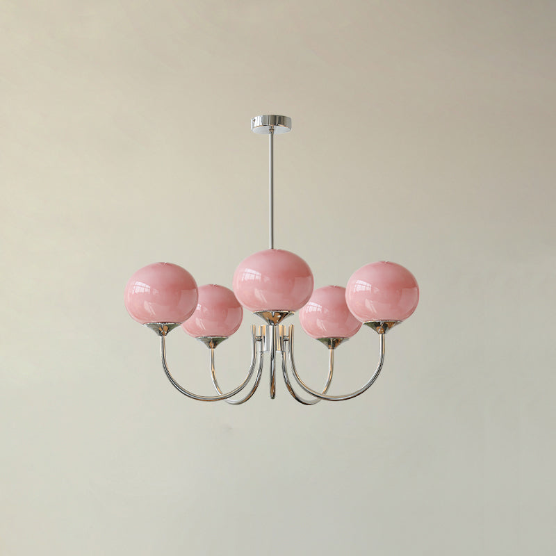 Modern Brass Chandelier with Pink Glass Globe Shades – Dimmable LED Ceiling Light