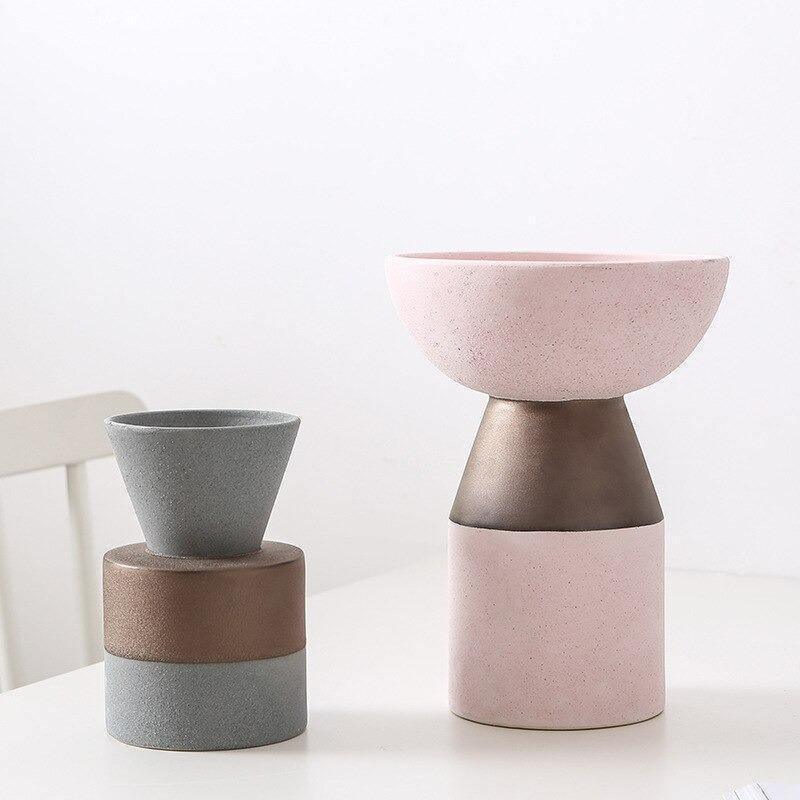 Modern Clay Vessel with Copper Accents – Contemporary Ceramic Decor Cylinder