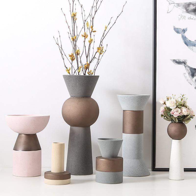 Modern Clay Vessel with Copper Accents – Contemporary Ceramic Decor Cylinder