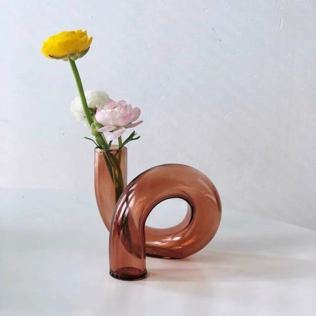 Hydroponic Loop Glass Vase – Blown Borosilicate Tabletop Display in Brown or Gray