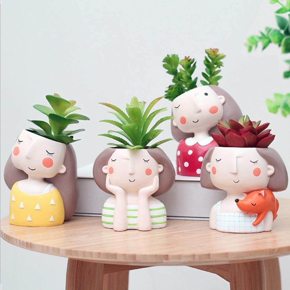 Adorable Face Planter Pot with Drainage – Resin Succulent & Herb Desktop Holder