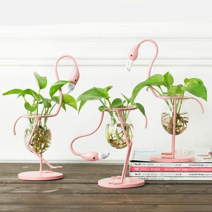 Tropical Flamingo Plant Propagation Station – Metal & Glass Hydroponic Bulb Vase