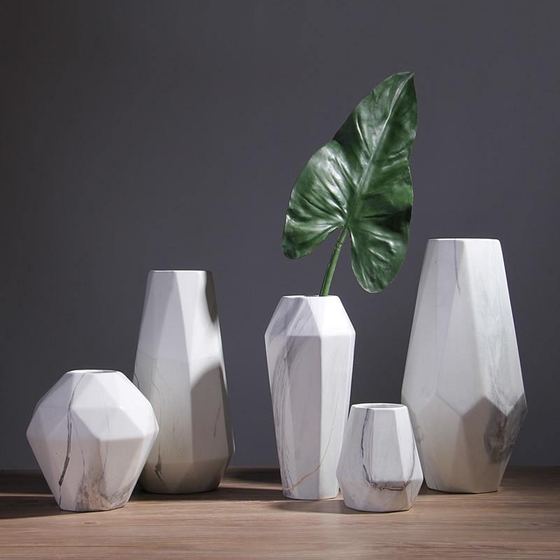 Marble-Effect Geometric Ceramic Vases – Multi-Faceted Non-Porous Decor in 5 Sizes