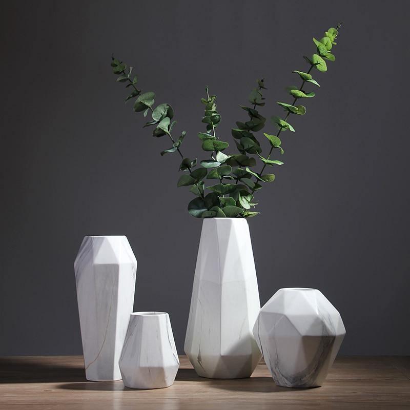Marble-Effect Geometric Ceramic Vases – Multi-Faceted Non-Porous Decor in 5 Sizes