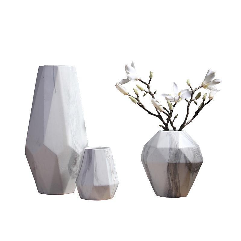 Marble-Effect Geometric Ceramic Vases – Multi-Faceted Non-Porous Decor in 5 Sizes