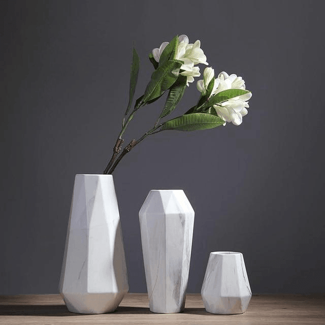 Marble-Effect Geometric Ceramic Vases – Multi-Faceted Non-Porous Decor in 5 Sizes