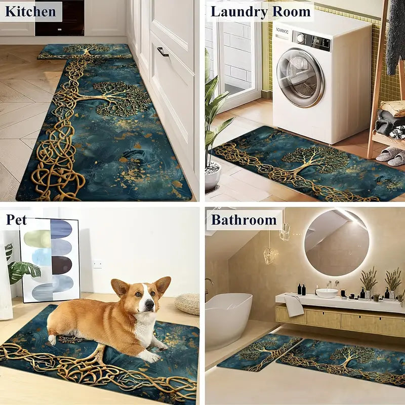 Tree of Life Entryway & Kitchen Mat – Gold Knotwork Design with Anti-Slip Rubber Backing