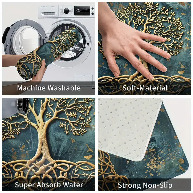 Tree of Life Entryway & Kitchen Mat – Gold Knotwork Design with Anti-Slip Rubber Backing