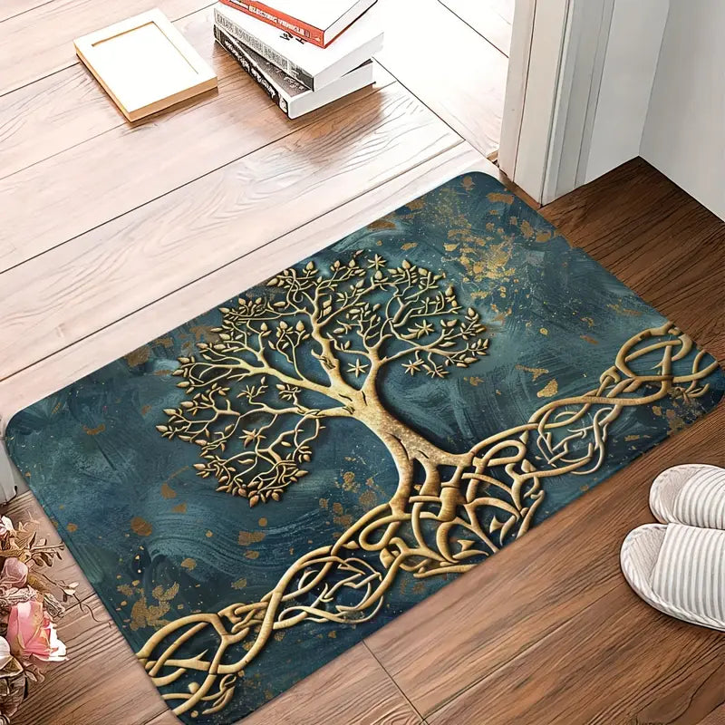 Tree of Life Entryway & Kitchen Mat – Gold Knotwork Design with Anti-Slip Rubber Backing