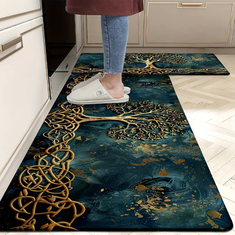 Tree of Life Entryway & Kitchen Mat – Gold Knotwork Design with Anti-Slip Rubber Backing