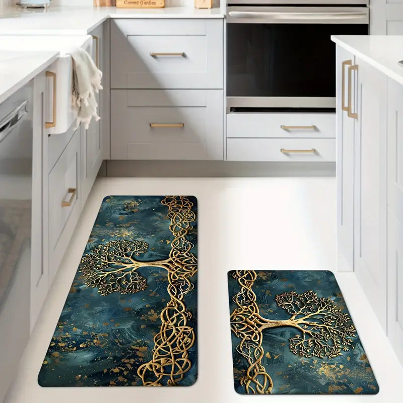 Tree of Life Entryway & Kitchen Mat – Gold Knotwork Design with Anti-Slip Rubber Backing